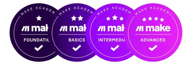 Badges de certification Make Academy : Foundation, Basics, Intermediate, Advanced